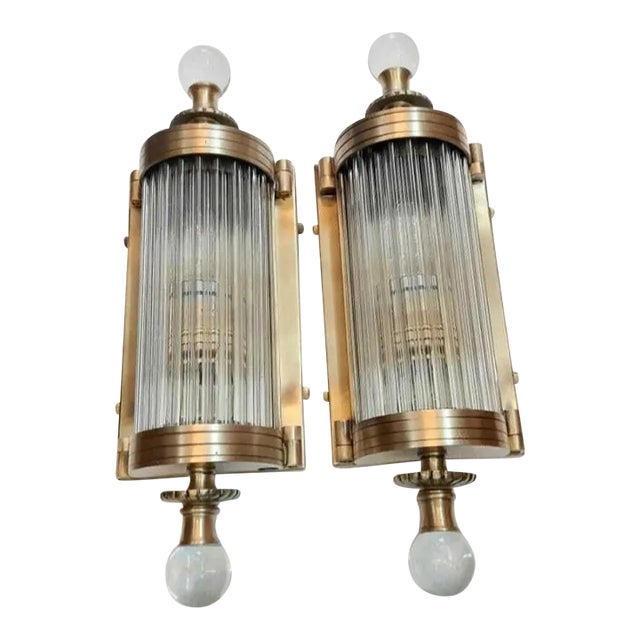 1940s Art Deco Brass & Glass Sconces - a Pair For Sale