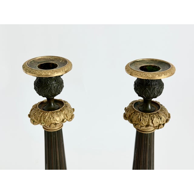 19th C French Charles X Gilt & Patinated Bronze Candlesticks - A Pair For Sale - Image 14 of 14