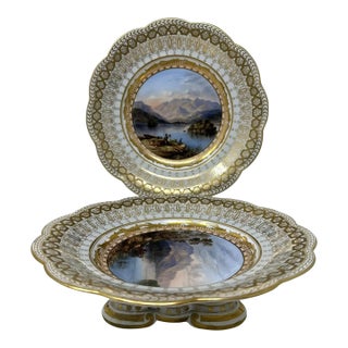 Antique Pair Cabinet Plates Hand Painted Lakes Killarney Kerry Ireland Irish 19Ct For Sale