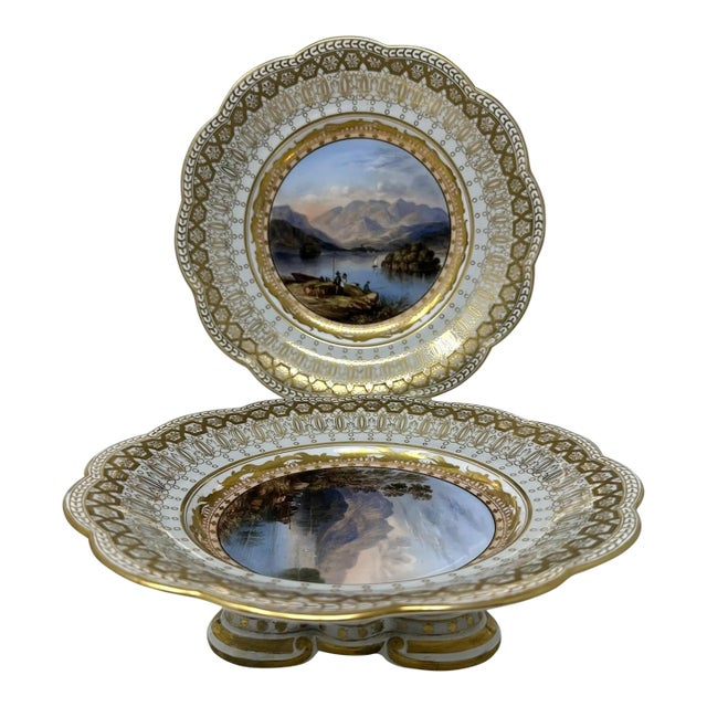 Antique Pair Cabinet Plates Hand Painted Lakes Killarney Kerry Ireland Irish 19Ct For Sale