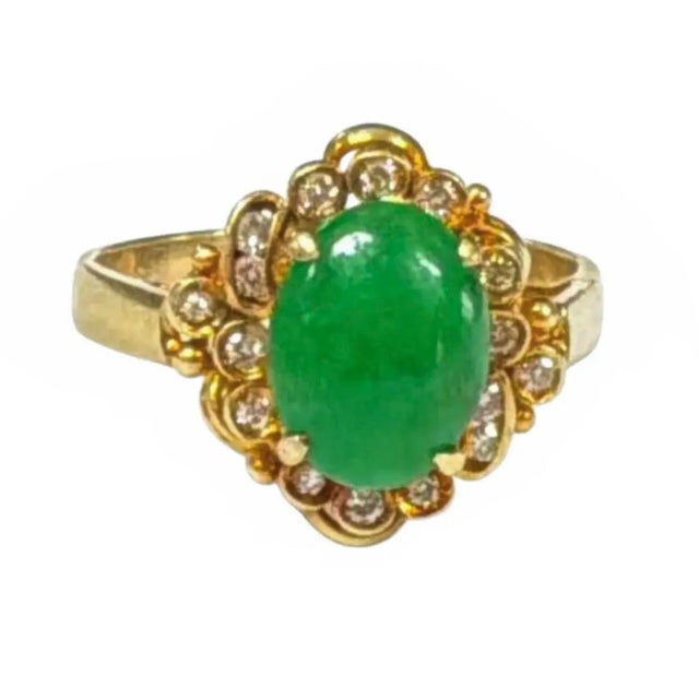 Metal Elegant 14k Gold Oval Jadeite and Diamond Cocktail Ring For Sale - Image 7 of 8