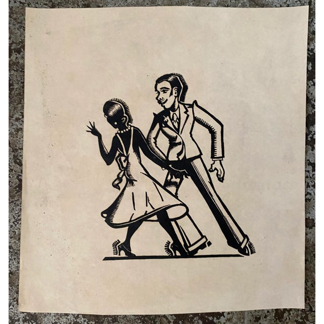 Art Deco 1940s Dancing Couple Linocut For Sale - Image 3 of 3