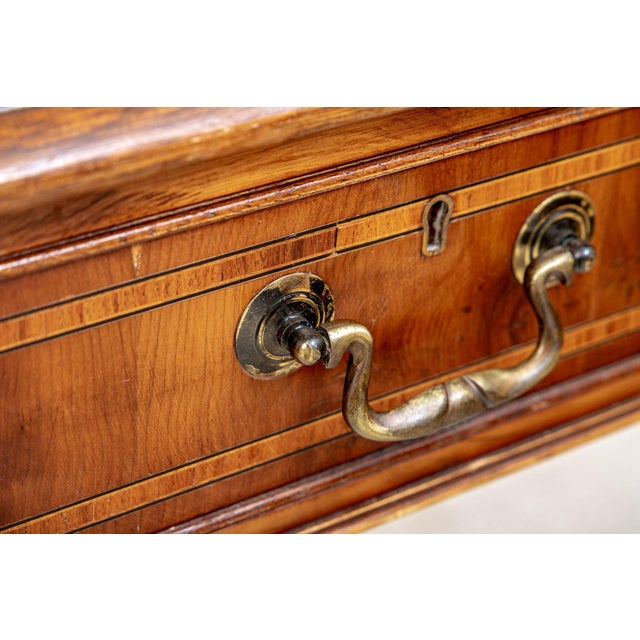 Wood Early 20th Century Chippendale Style Mahogany and Satinwood Writing Desk With Brass Hardware and Fall-Front Drawer For Sale - Image 7 of 11