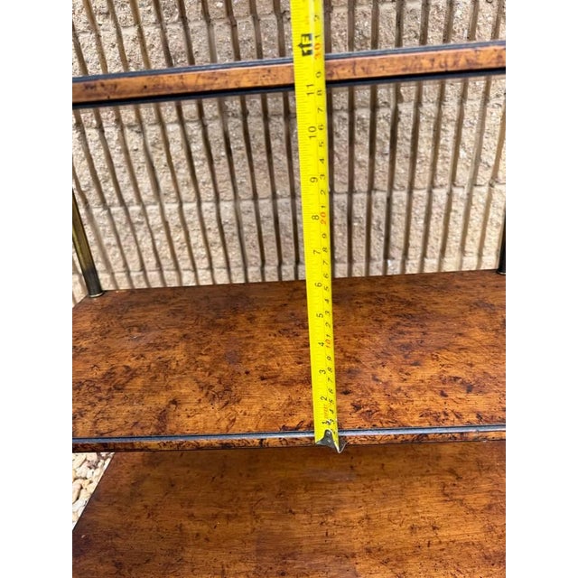 Vintage Hollywood Regency Style Brass Frame Burled Wooden Shelves Bookcase Etagere For Sale - Image 10 of 17