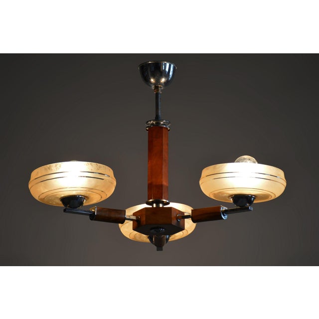 Brown Art Deco Chandelier in Chromed Steel, Walnut and Glass, Czech, 1920s For Sale - Image 8 of 9