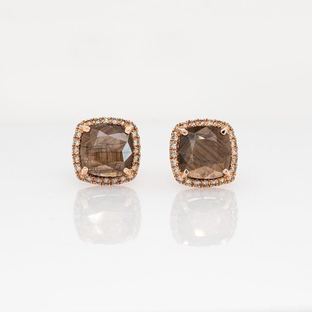 Contemporary Golden Sheen Sapphire Earrings With Natural Diamond Accents in Solid 14k Gold, Pair For Sale - Image 3 of 7