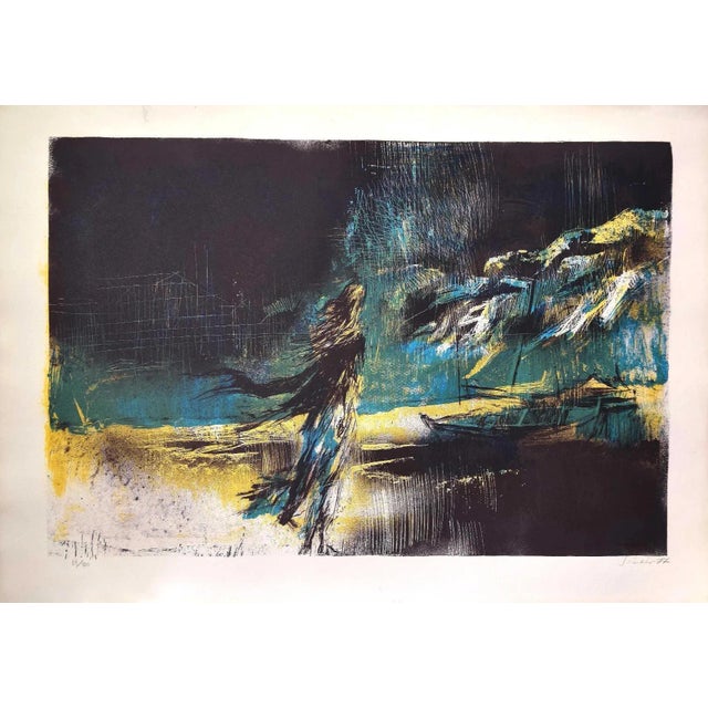 On the beach is an original lithograph realized by Nicola Simbari in 1977. Hand-signed on the lower right. Numbered ....