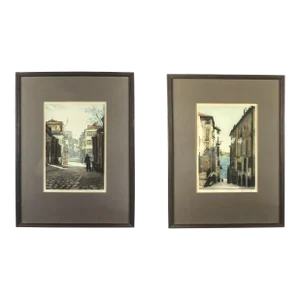Mid Century Framed European Etched Prints or Pencil Drawings Under Glass.