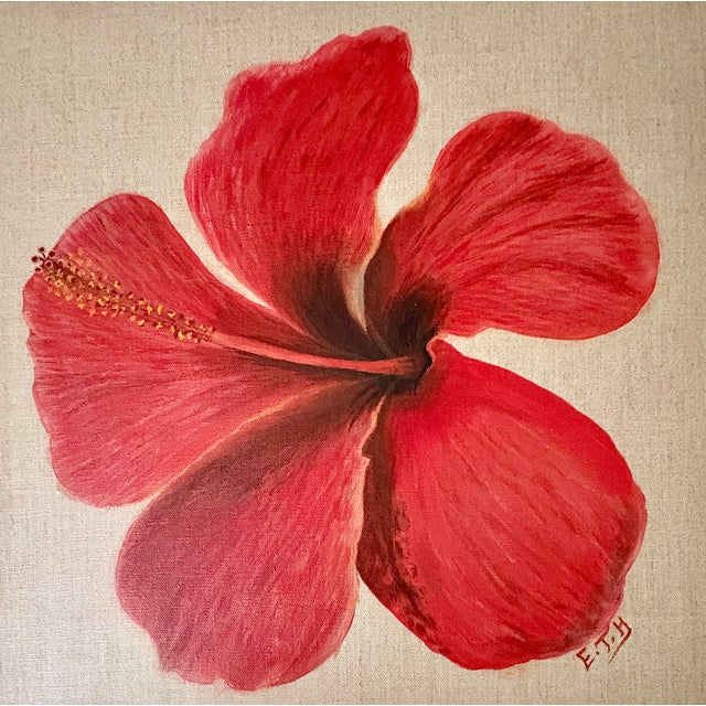 A monogrammed painting titled Rouge Fleur.. A vibrant red hibiscus flower with a prominent stamen against a neutral linen...
