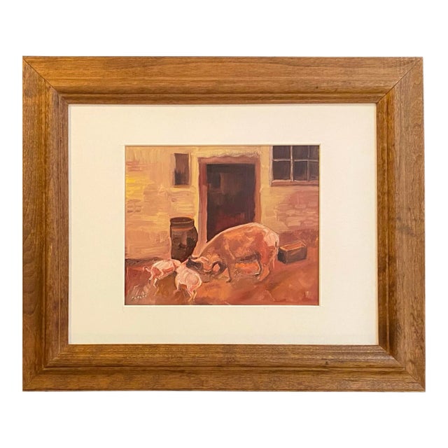 1990s Original Impressionist Style Oil Painting of Hog and Piglets by Satori Gregorakis, Framed For Sale