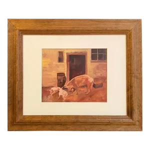 1990s Original Impressionist Style Oil Painting of Hog and Piglets by Satori Gregorakis, Framed