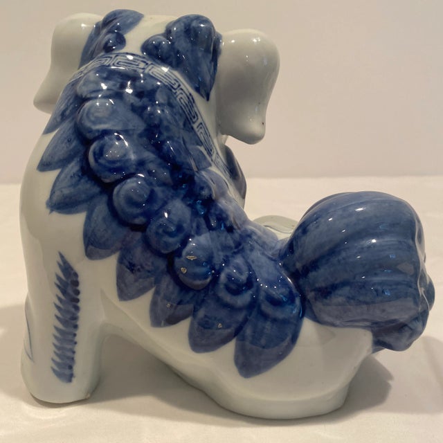 Vintage Blue & White Ceramic Foo Dogs - A Pair For Sale - Image 9 of 13