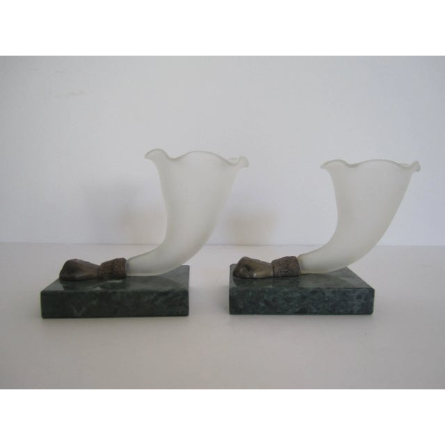 Bronze Art Glass & Green Marble Base Sculpture Vases - A Pair For Sale - Image 9 of 13