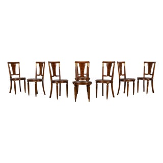1930s French Art Deco Walnut Dining Chairs With Leather Seats, Set of 8 For Sale