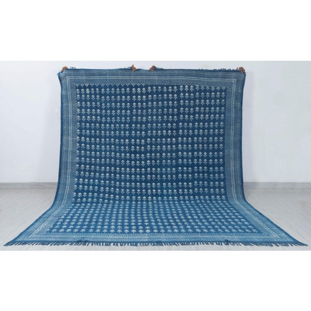 Blue White Block Printed Handmade Cotton Boho Inspired Flatweave Rug4x6 Ft. For Sale - Image 4 of 18