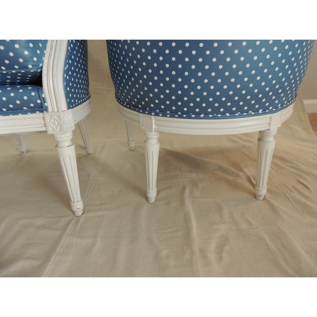Antique French Louis XVI Style Upholstered Barrel Back Armchairs - A Pair For Sale - Image 4 of 13