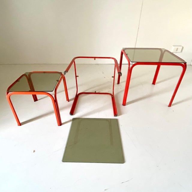 Vintage Italian Nesting Tables with Red Iron Frame & Smoked Glass, 1970s, Set of 3 For Sale - Image 9 of 10