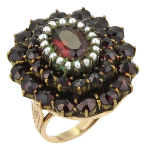 Garnet & Seed Pearls 14k Yellow Gold Cluster Ring - Size 4