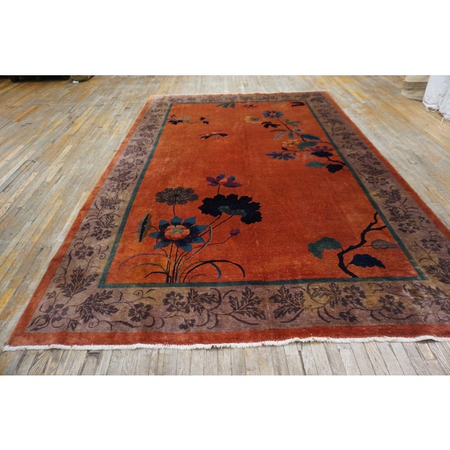 1920s Orange Floral Modern Antique Chinese Art Deco Rug 7' 10"x11' 6" Hand Knotted Carpet For Sale - Image 9 of 13