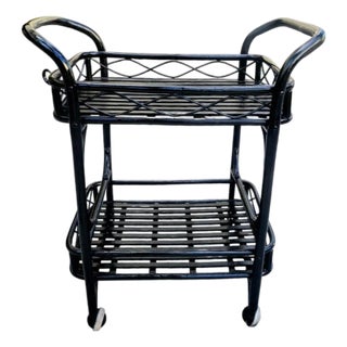Vintage Painted Black Gloss Rattan Coastal Regency Rolling Bar Cart With Silverware Tray For Sale