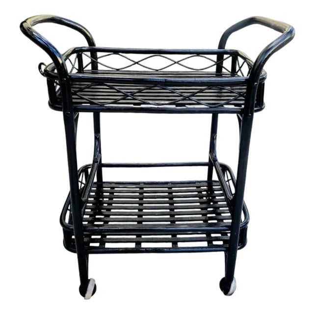 Vintage Painted Black Gloss Rattan Coastal Regency Rolling Bar Cart With Silverware Tray For Sale