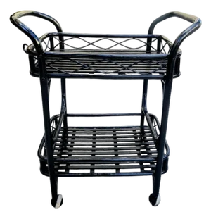Vintage Painted Black Gloss Rattan Coastal Regency Rolling Bar Cart With Silverware Tray