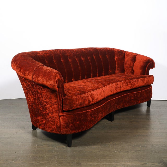 Red Art Deco Curved Channel-Back Scroll-Arm Sofa With Ebonized Tapered Supports For Sale - Image 8 of 16