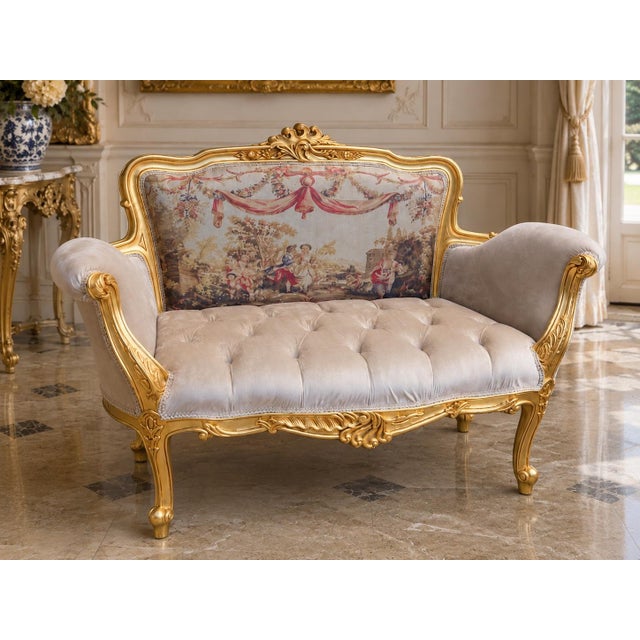 Late20C French Artisan LouisXVI Gold Beige Velvet Settee-1Pc For Sale - Image 14 of 15