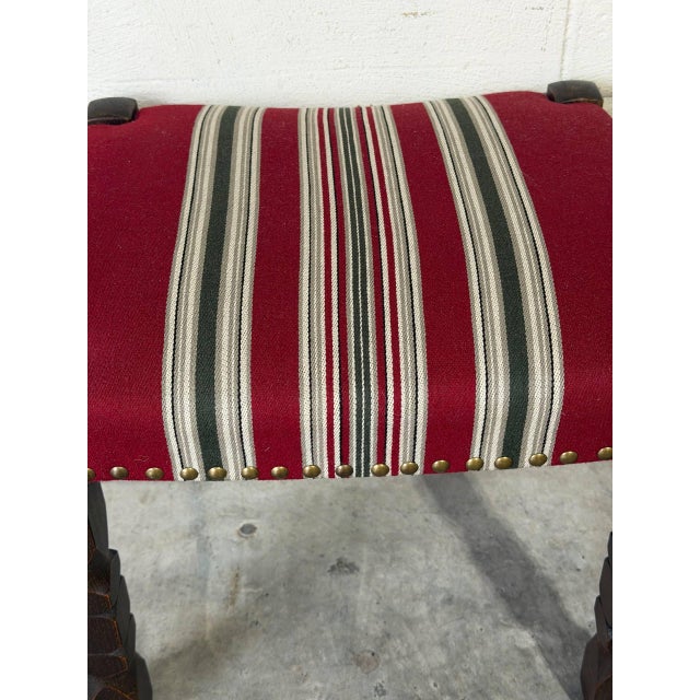 Wood Dark Oak Ottoman Footstool With Red Striped Fabric Upholstery and Nailhead Trim Vintage For Sale - Image 7 of 10