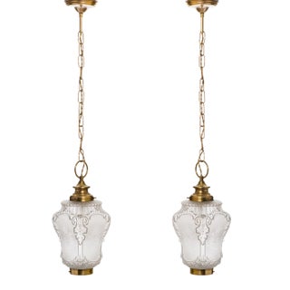 1950s French Rococo Brass Chain Pendant Lights, Acid-Etched Pressed Crystal Shades - A Pair For Sale
