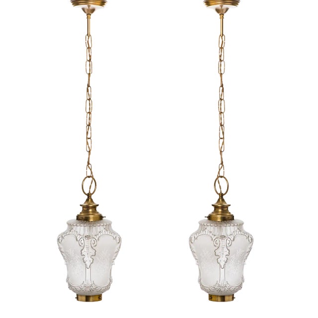 1950s French Rococo Brass Chain Pendant Lights, Acid-Etched Pressed Crystal Shades - A Pair For Sale