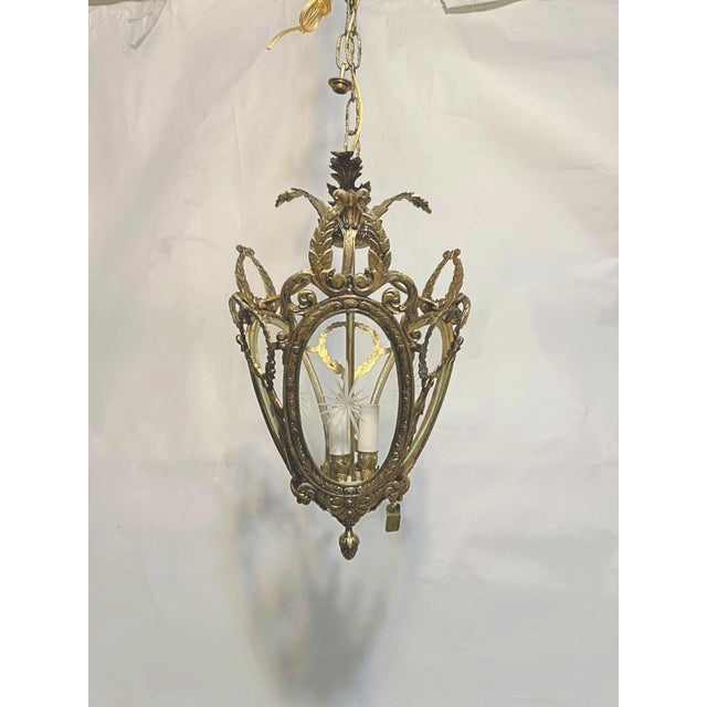 Vintage Bronze Lantern With Etched Glass Panels For Sale - Image 4 of 17