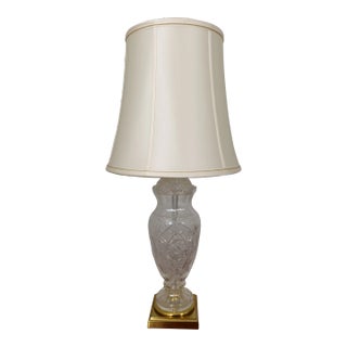 Etched Crystal Table Lamp W. Brass Base For Sale