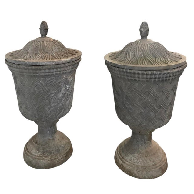Neoclassical Pair of Neoclassical Style Basketweave Lead Garden Urns With Finial Lids For Sale - Image 3 of 10