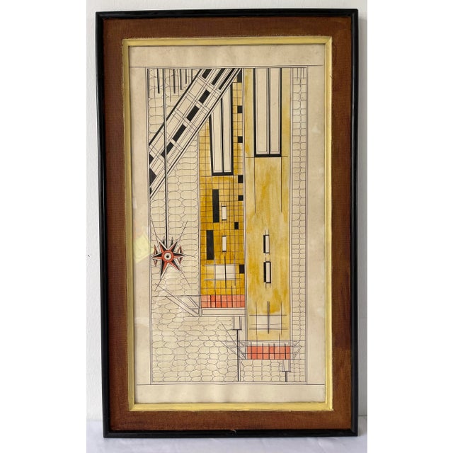 Totally mid-century architecturally inspired geometric Indian ink drawing. The subject is enhanced with watercolor in...