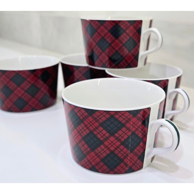 Cabin Vintage 1990s Sasaki Tartan Cermaic Cups by Charles Roberts, Red & Green Plaid, Made in Japan, Set of 5 For Sale - Image 3 of 9