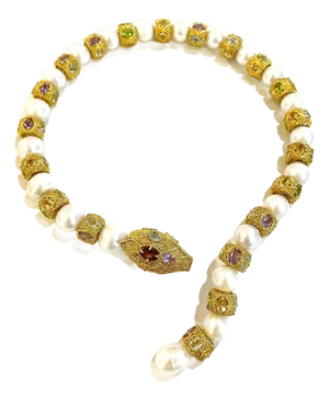 Bochic "Capri" Vintage Fancy Multi Color Sapphires Necklace Set in 18K & Silver