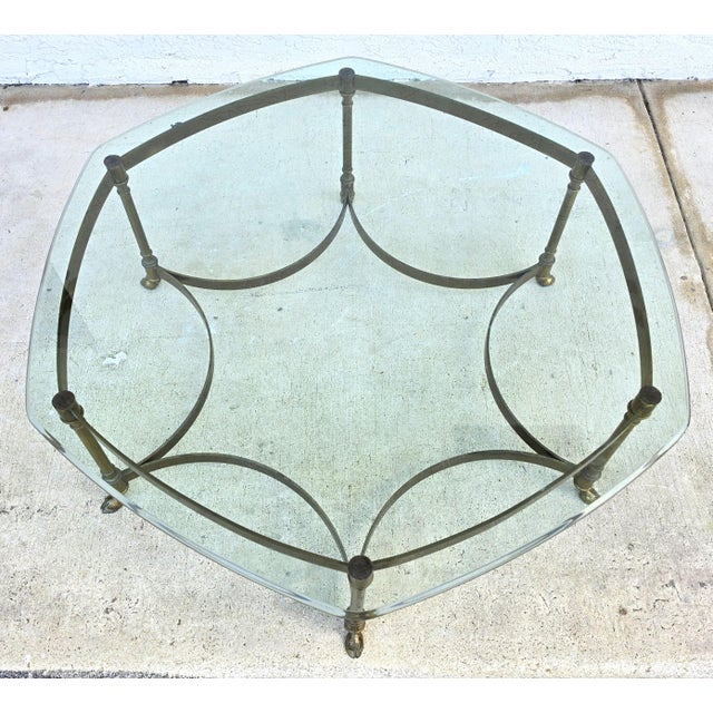 Vintage LaBarge Hexagonal Brass Hoof Footed Glass Top Coffee Table For Sale In Miami - Image 6 of 13