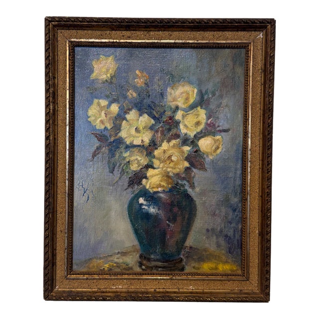 20th Century French Oil on Canvas "Yellow Roses" For Sale