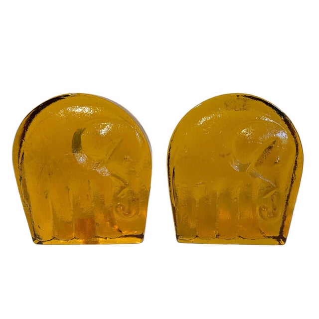 Mid-Century Modern Vintage MCM Mid Century Modern Blenko Amber Glass Elephant Bookends For Sale - Image 3 of 5