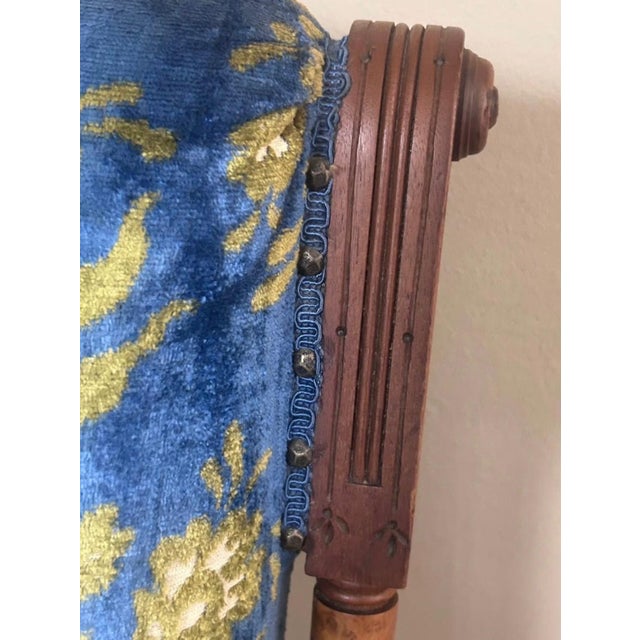 Antique Victorian Eastlake Walnut Armchair With Porcelain Casters & Blue Floral Upholstery For Sale - Image 9 of 10