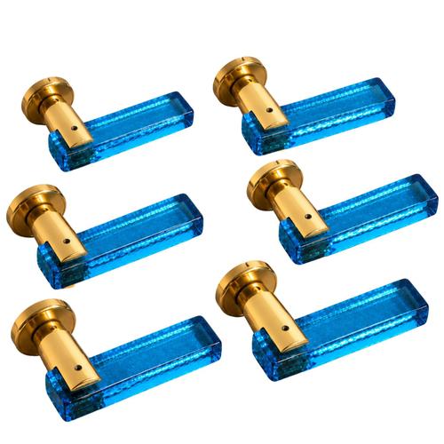 Italian Blue Murano Glass and Brass Door Handles, 1970s, Set of 6 For Sale - Image 9 of 9