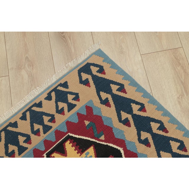 1970s Scandinavian Style Geometric Design Red Handmade Oushak Kilim Runner Rug For Sale - Image 9 of 12