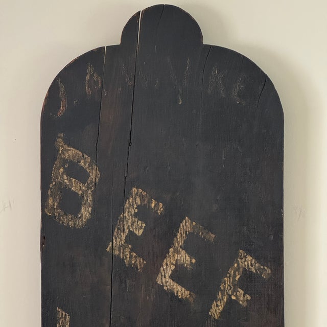 A rare to market 20th Century large butcher shop trade sign. In the tombstone design, this large wood constructed sign...