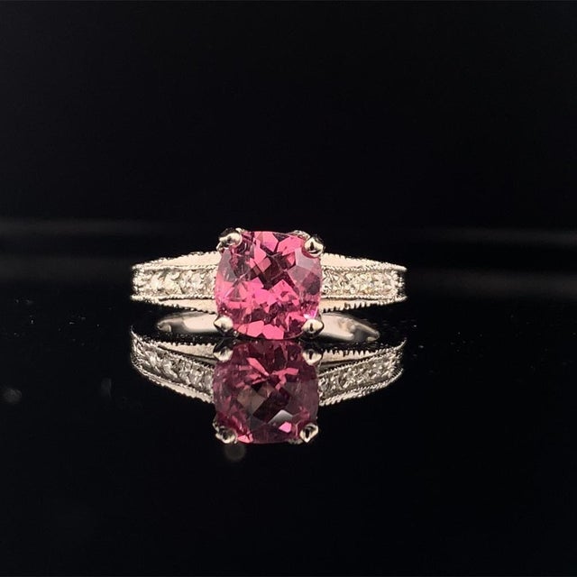 Metal Diamond Pink Tourmaline Rubellite Ring 6.5 14k White Gold 2.45 TCW Certified For Sale - Image 7 of 11