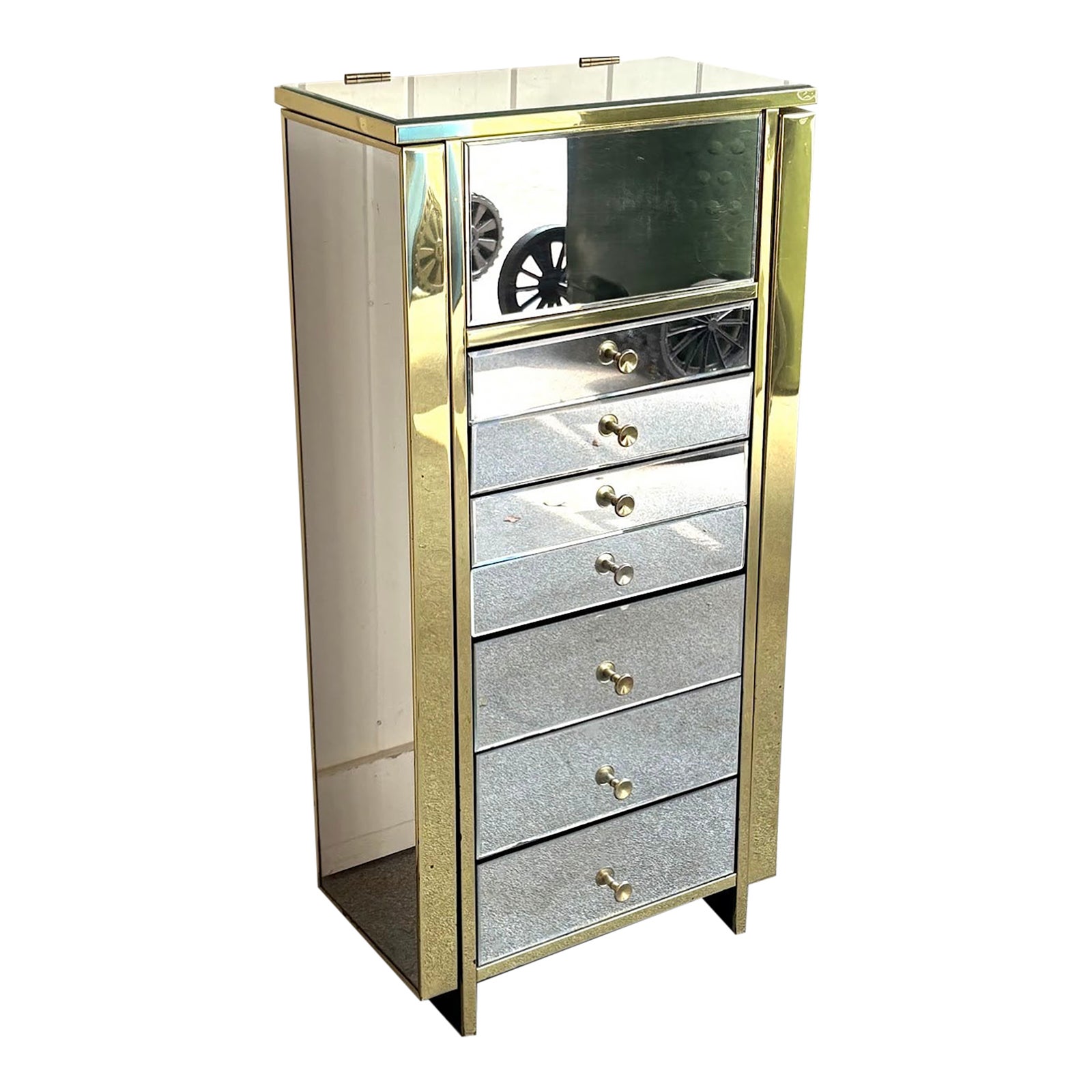 Hollywood Regency Glam Mirrored/Brass Jewelry Chest | Chairish