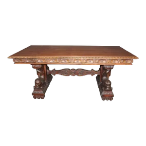 Fine Carved Italian Walnut Mythical Dolphin Base Library Table Writing Desk
