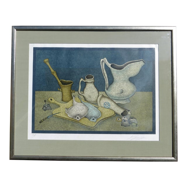 Mihail Chemiakin Signed Still Life With Fish and Bread Lithograph For Sale