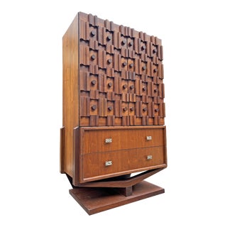 1970s Paul Evans Style Modern Sculpted Floating Tall High Dresser in Brutalist Style For Sale