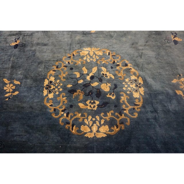 Textile 1920s Classic Chinese Symbols Navy Blue Open Field Antique Peking Room Size Rug For Sale - Image 7 of 11